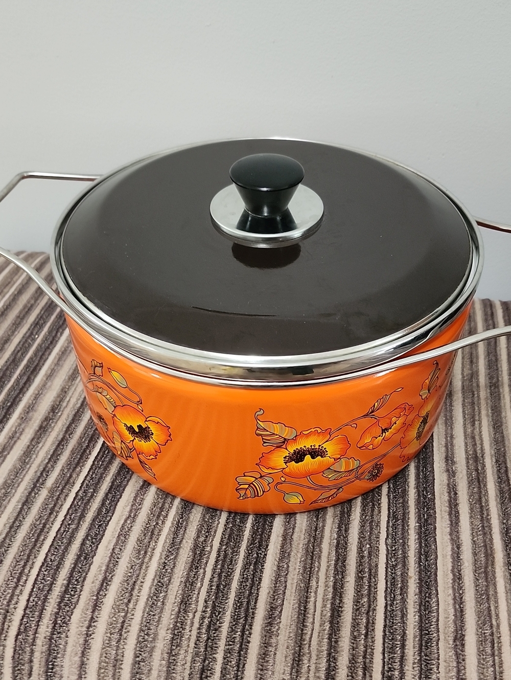 Orange Floral Marocchi Enamel Stockpot with Lid 6 Liters Made In Italy Vintage